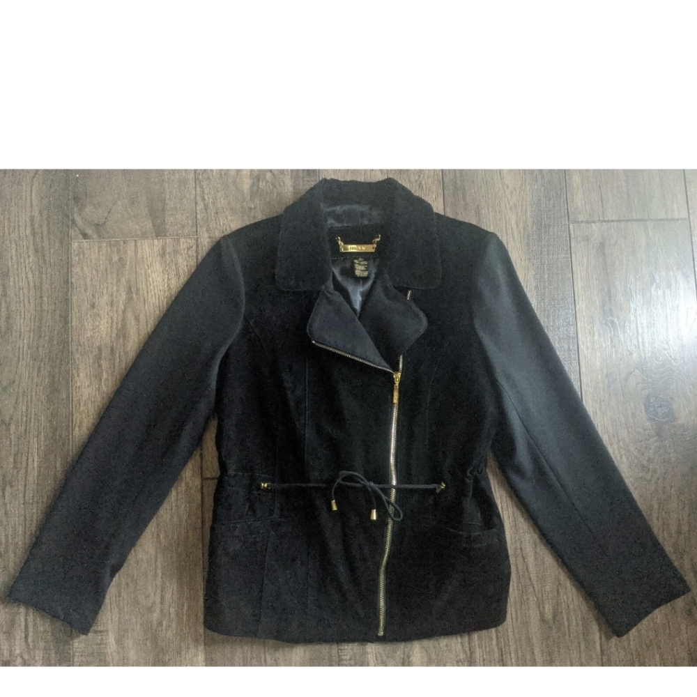 IMAN Basic Jacket Leather Suede & Ponte Knit Zipper Closure Pockets Black Medium